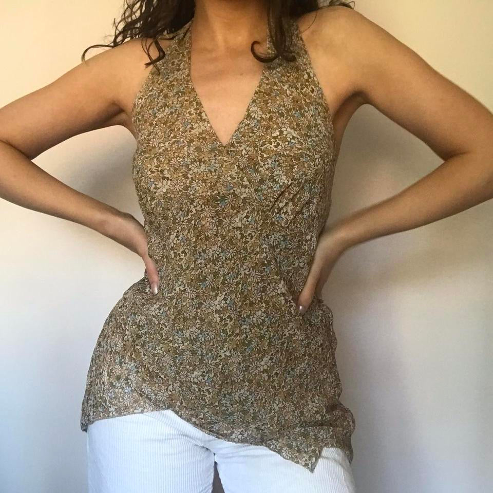 100% silk floral backless halterneck top S/M
