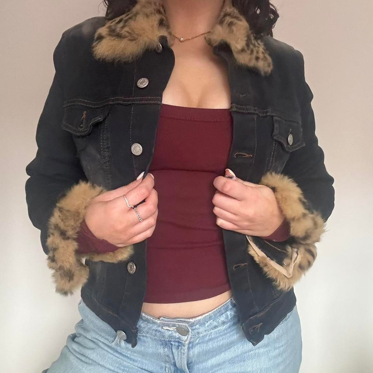 Denim jacket with leopard trim M