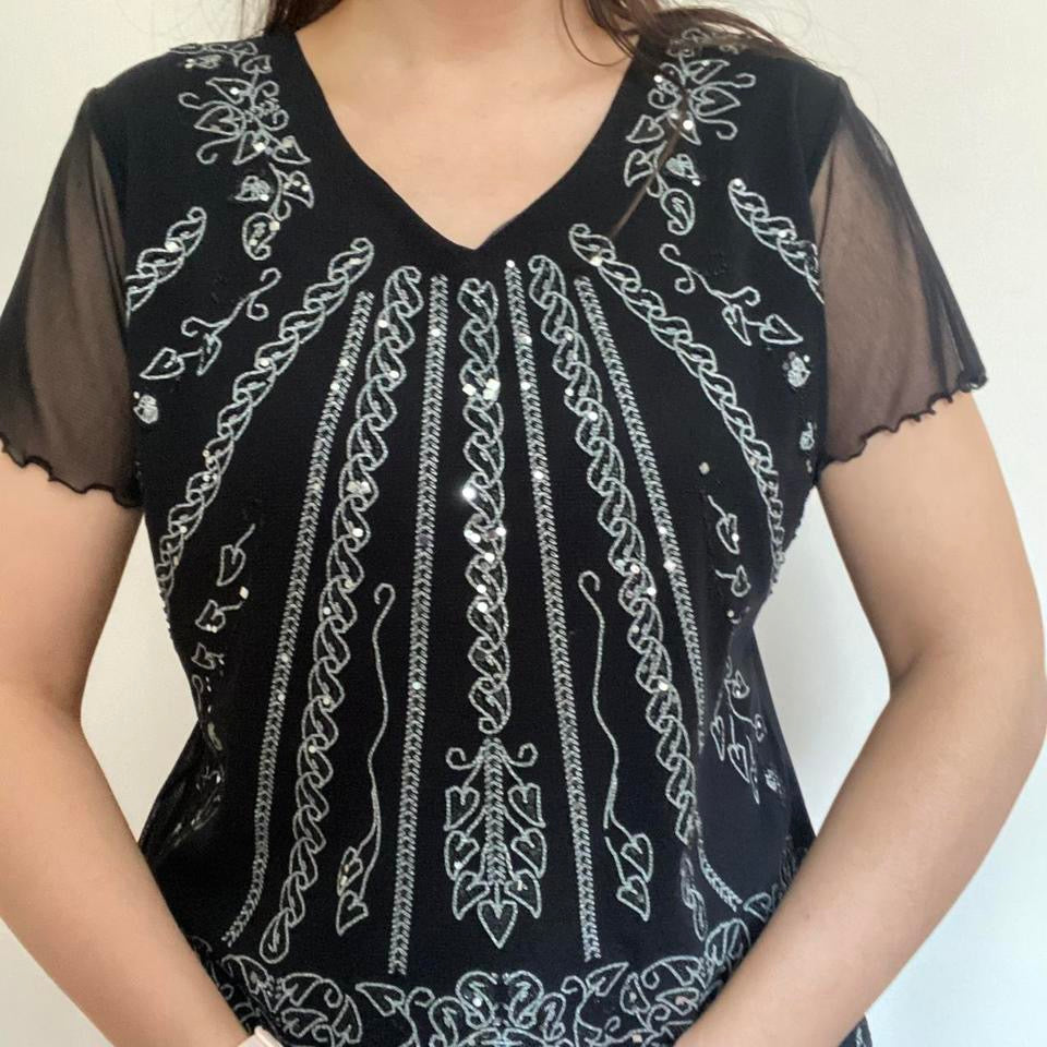 Mesh black & silver sequin top medium