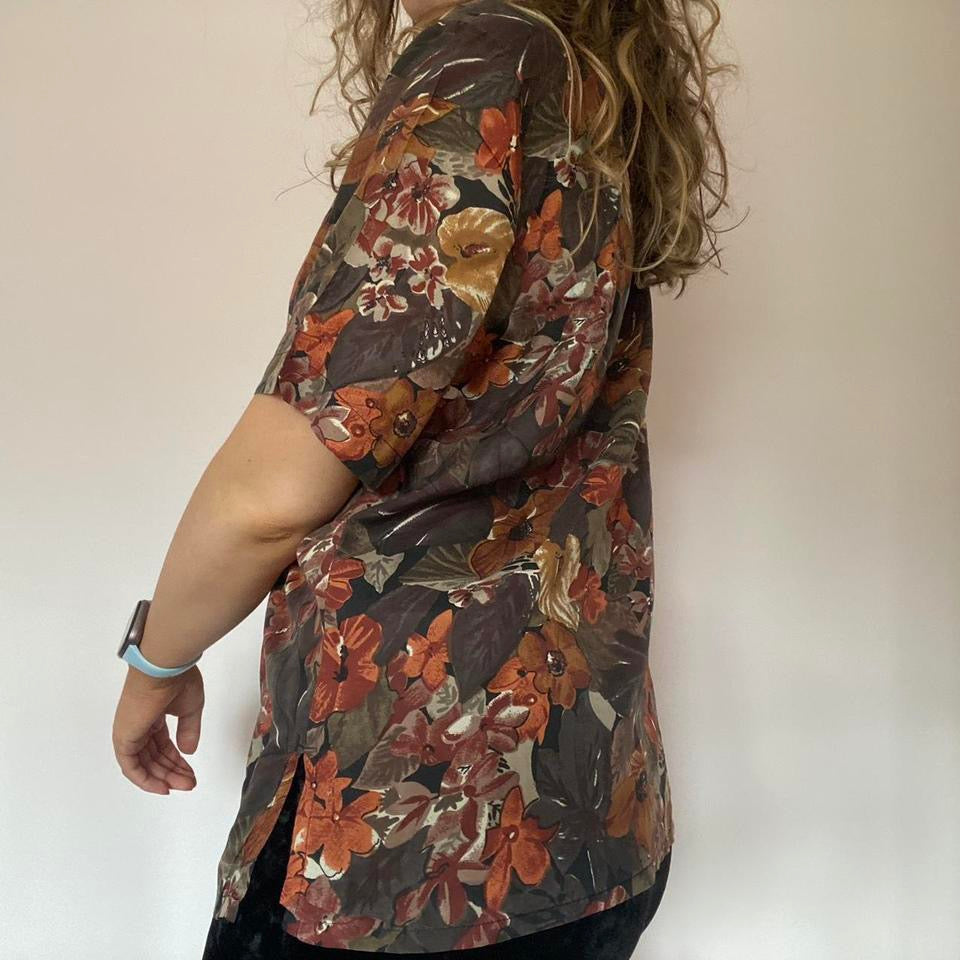 100% silk brown floral shirt medium