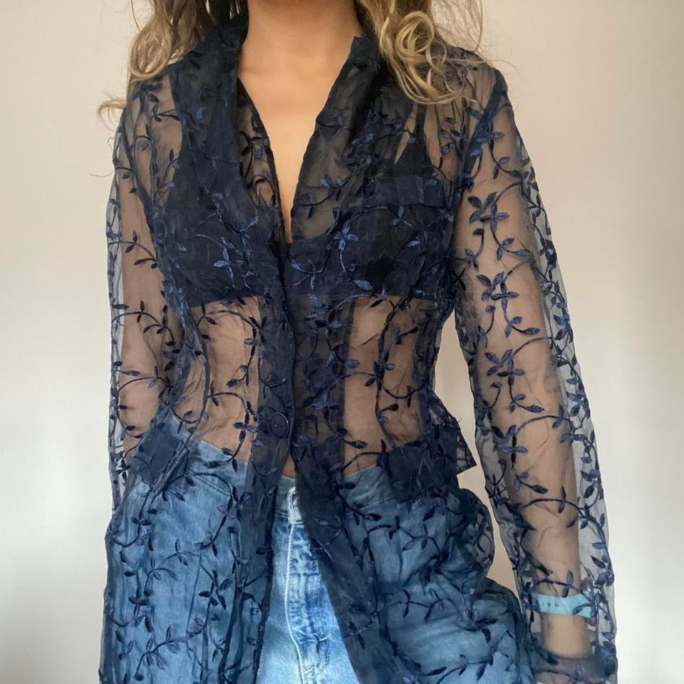 Navy floral mesh blazer style shirt small