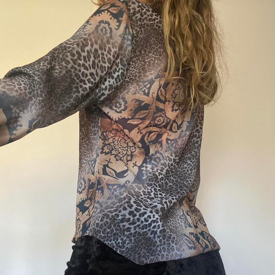 Leopard print & floral sheer shirt small