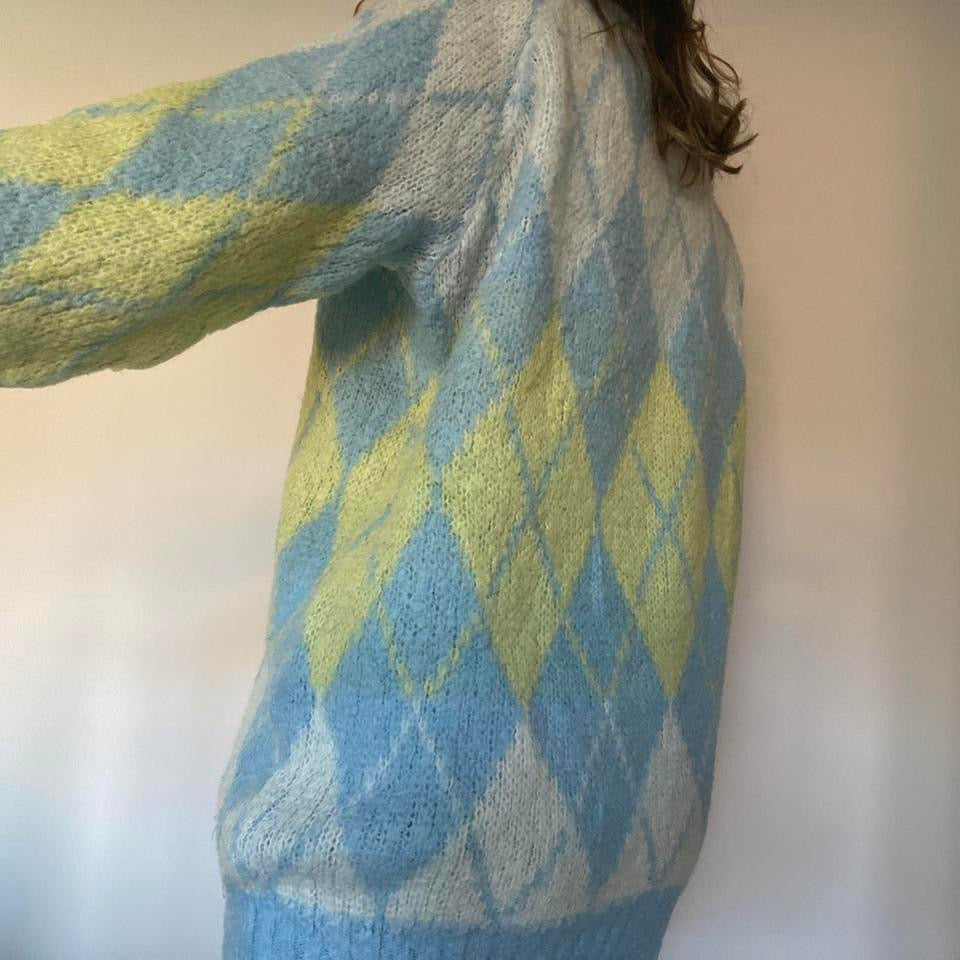 Wool blue & yellow argyle knit jumper XL