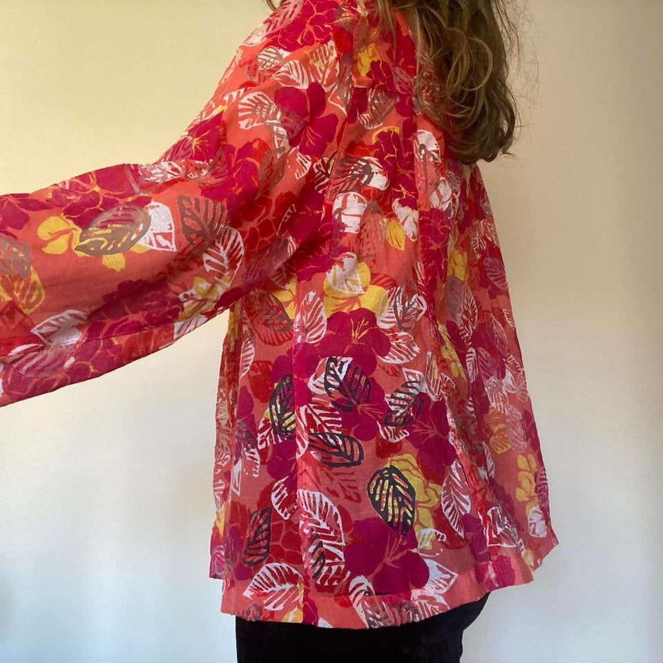 Bright pink & coral semi sheer floral shirt XL