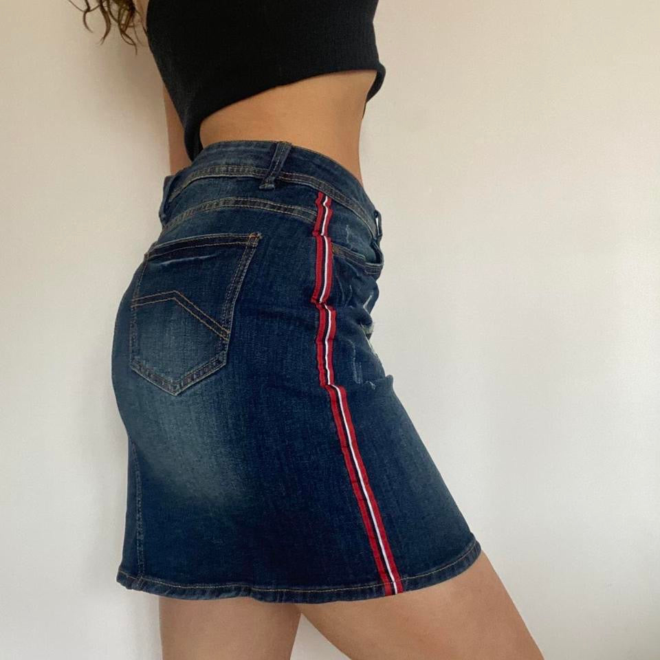 Navy blue denim distressed mini skirt with stripe detailing w31”