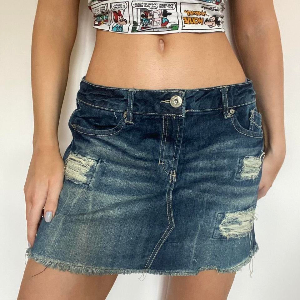 Y2k navy distressed denim low waist mini skirt w35”