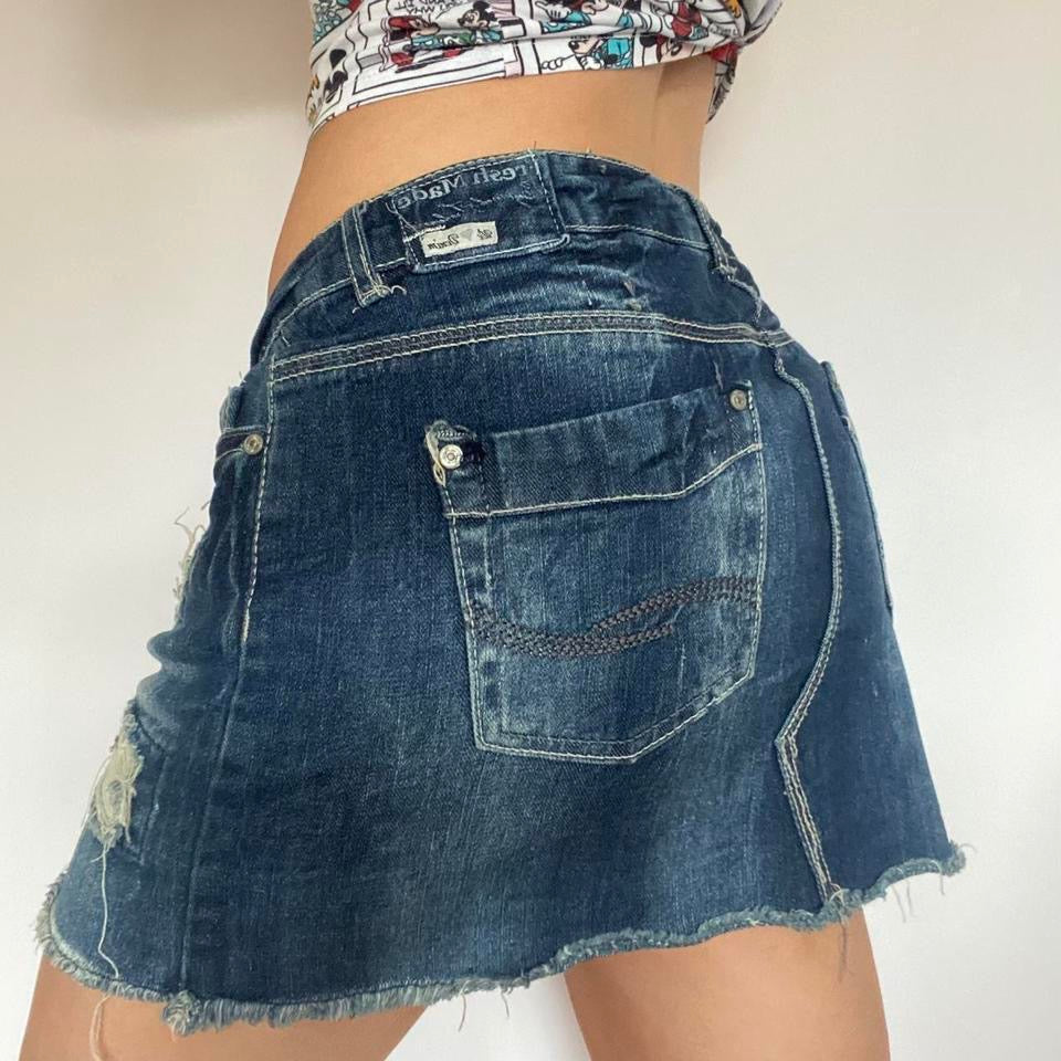 Y2k navy distressed denim low waist mini skirt w35”