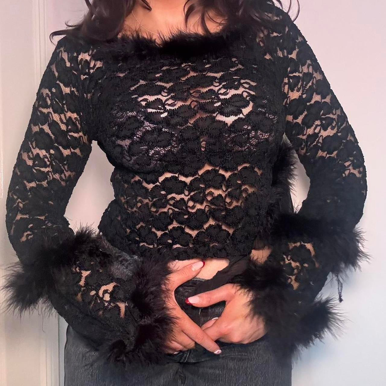 00s black lace & feather top XS
