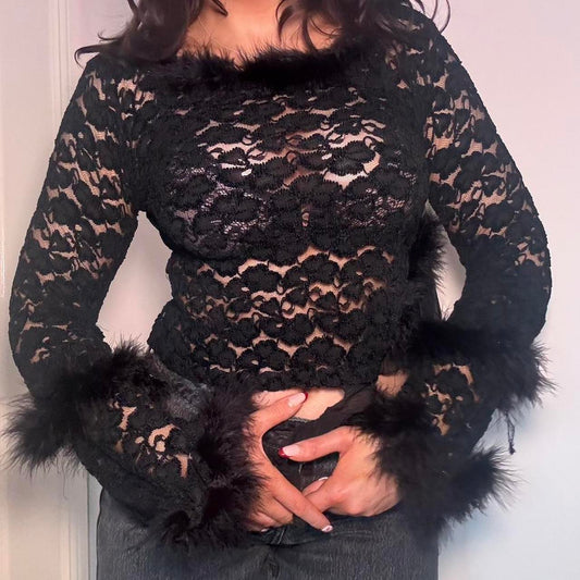00s black lace & feather top XS