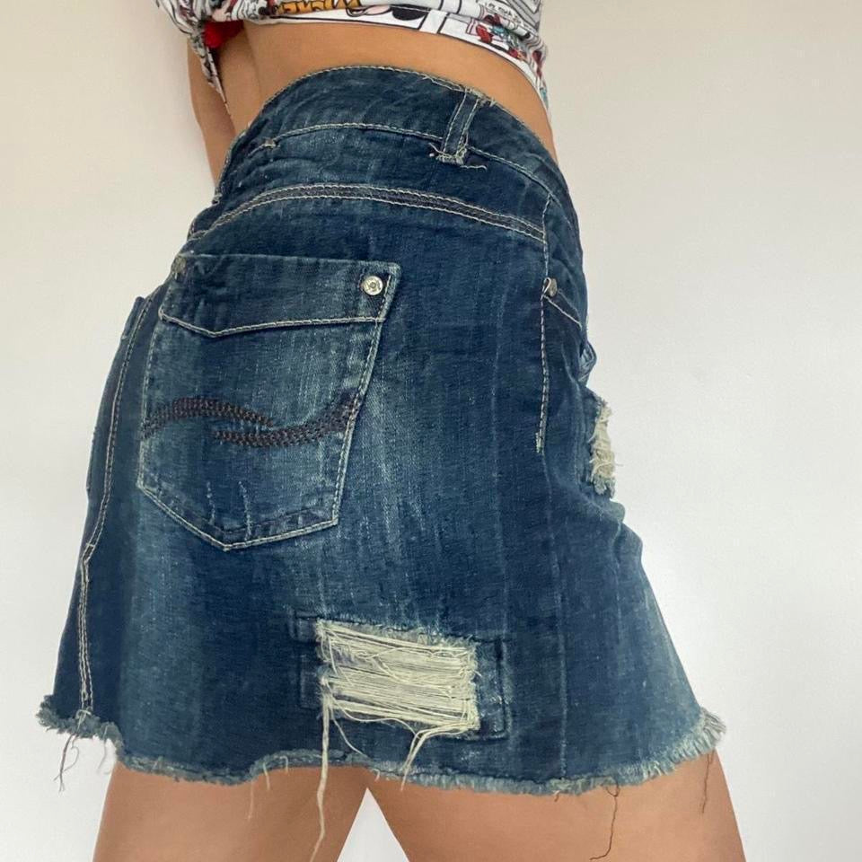 Y2k navy distressed denim low waist mini skirt w35”