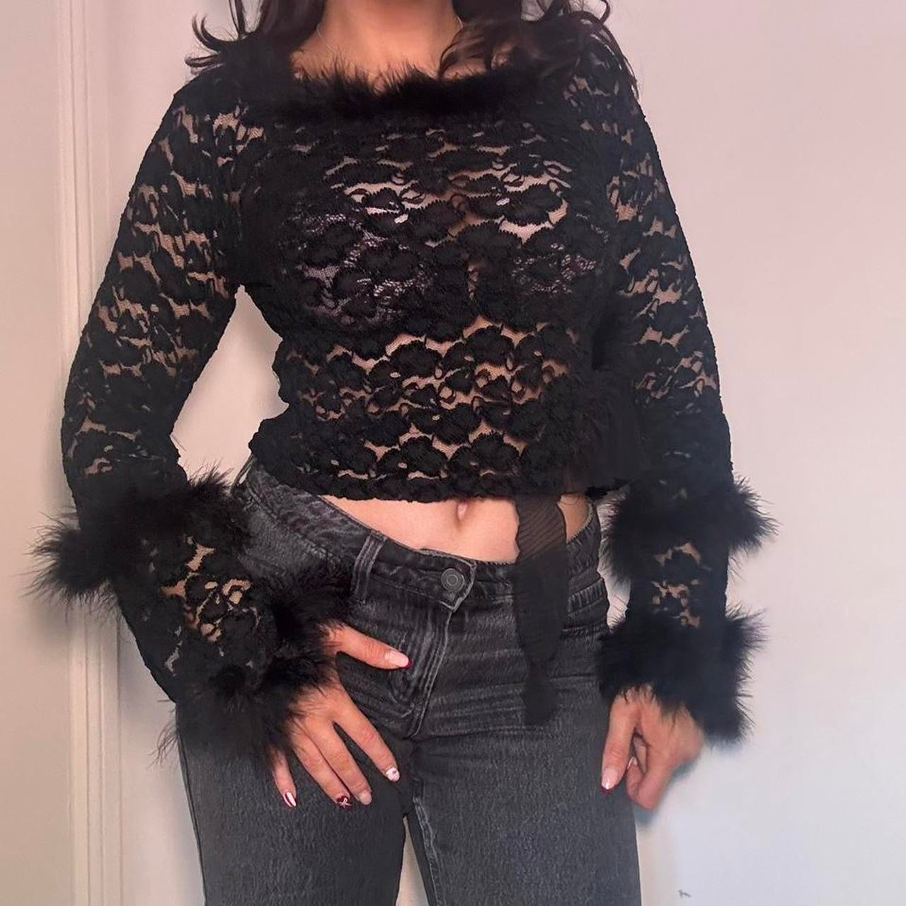 00s black lace & feather top XS