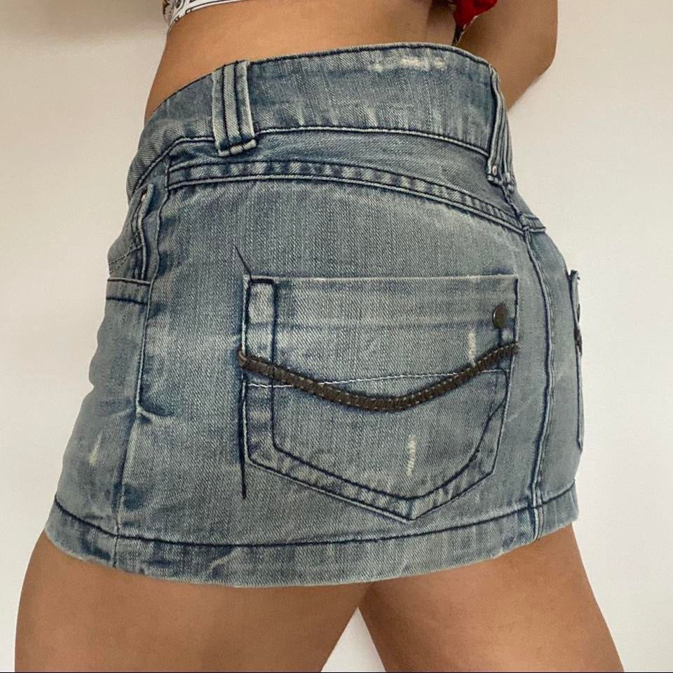 Y2k light blue denim micro mini skirt w34”