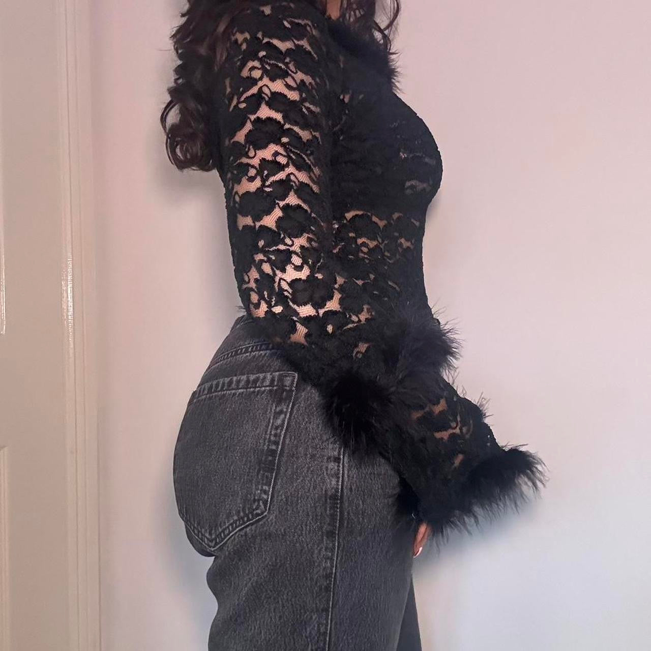 00s black lace & feather top XS