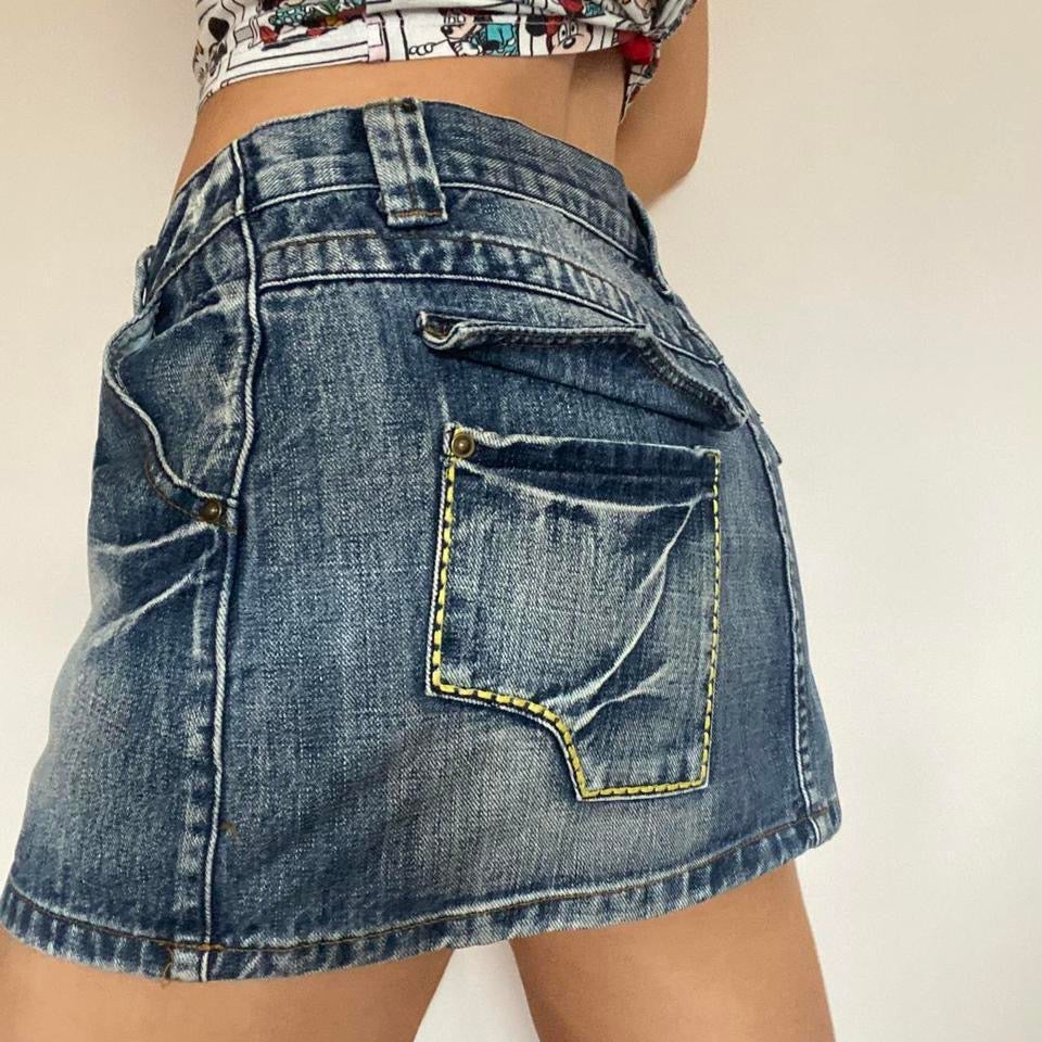 Y2k blue denim low waist mini skirt w32”