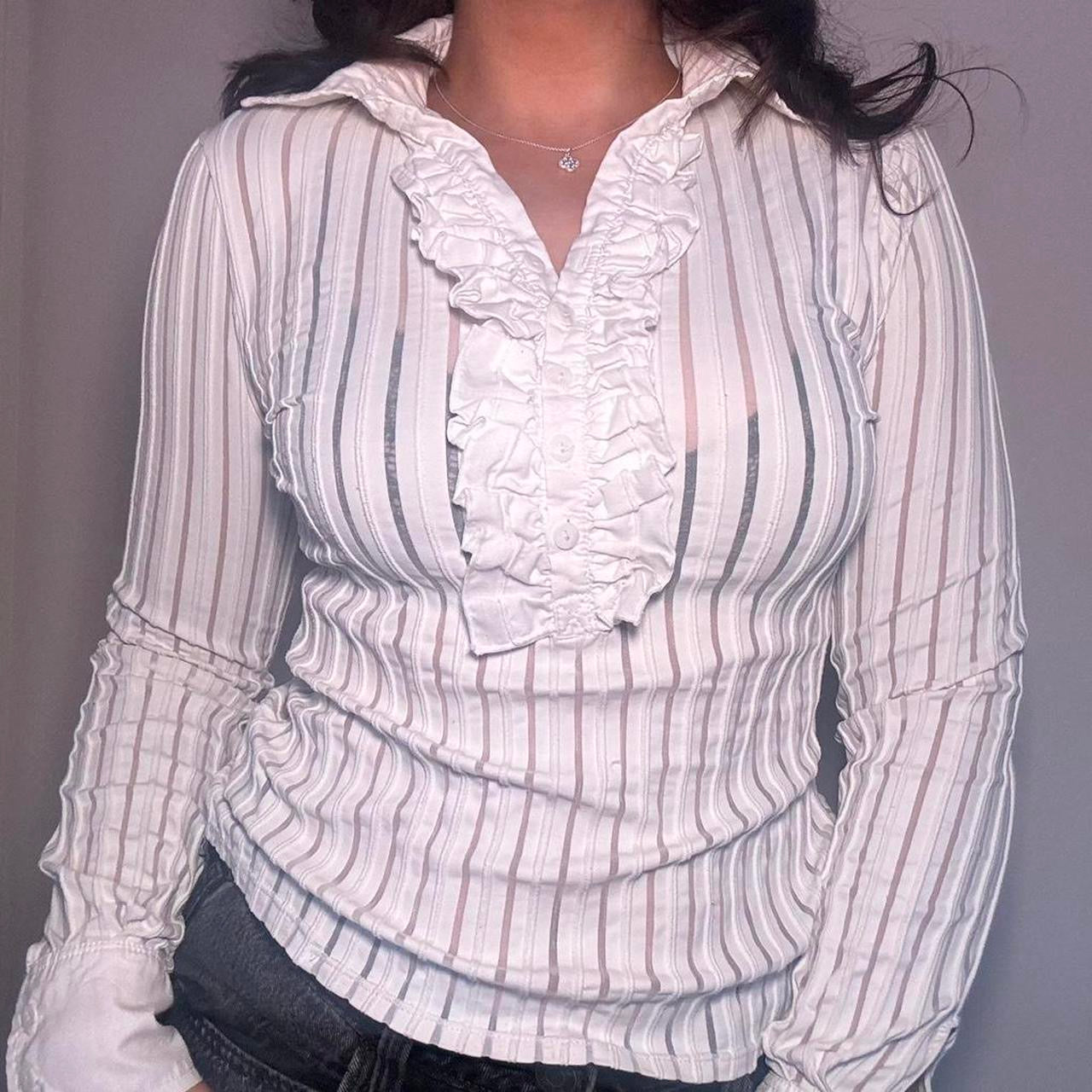 00s white semi sheer pinstripe shirt S/M