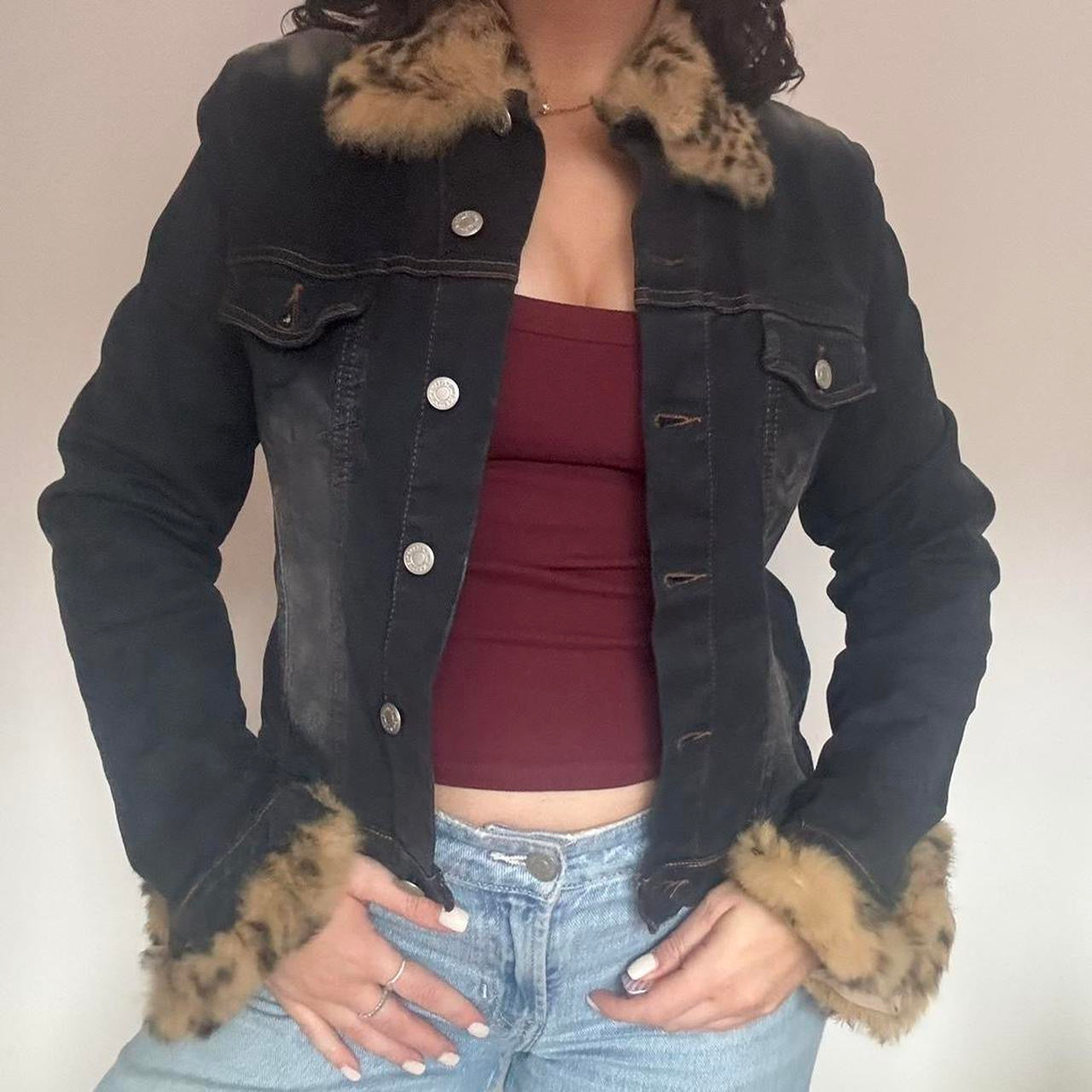 Denim jacket with leopard trim M