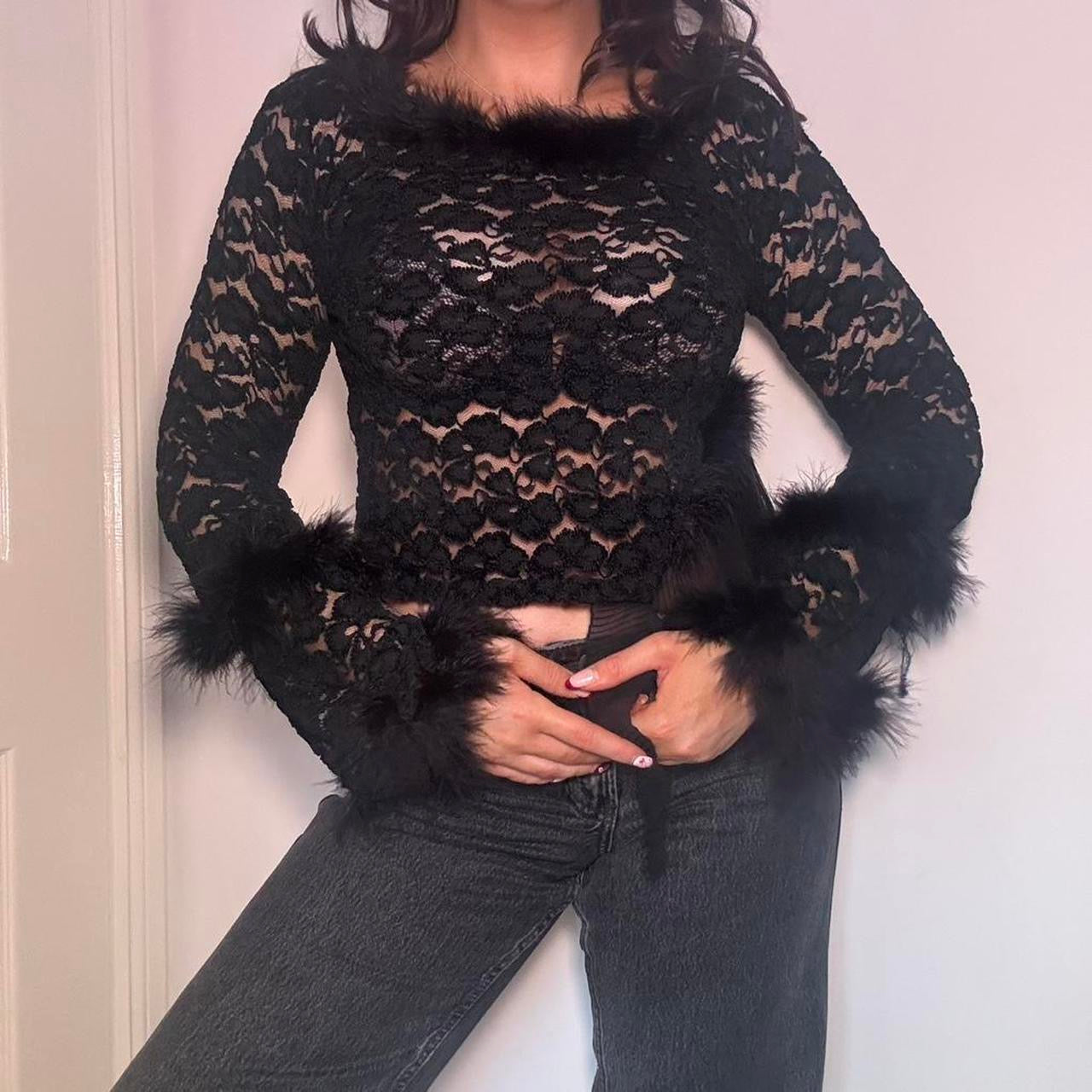 00s black lace & feather top XS