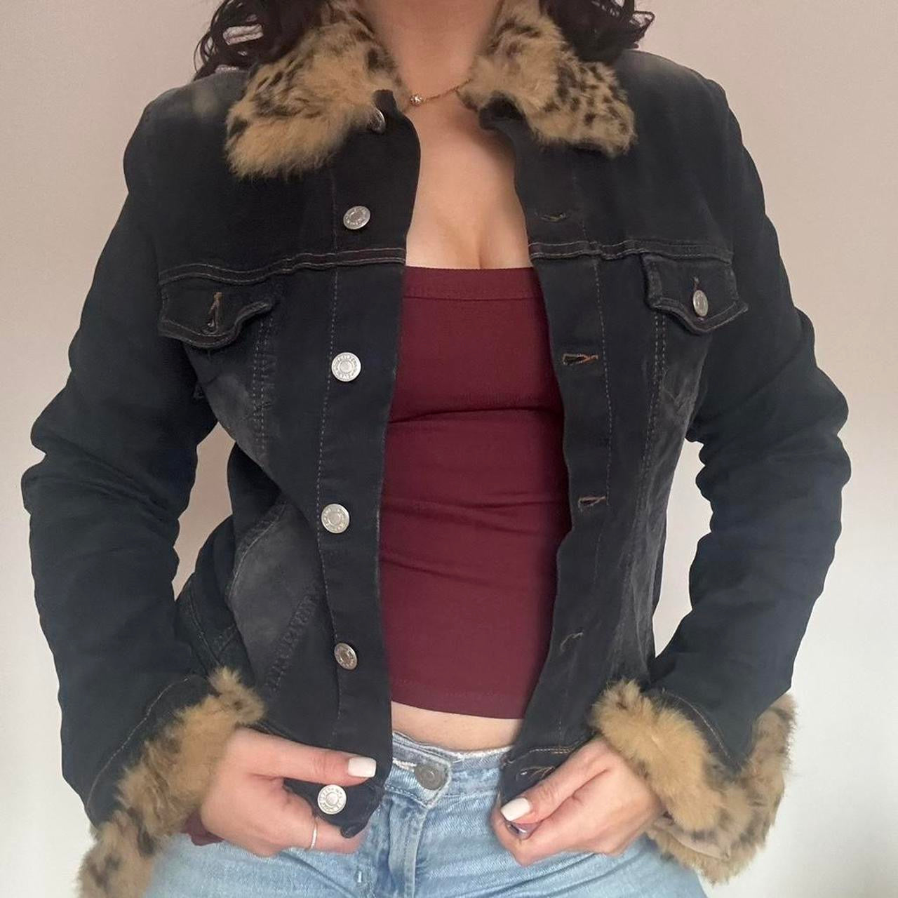 Denim jacket with leopard trim M