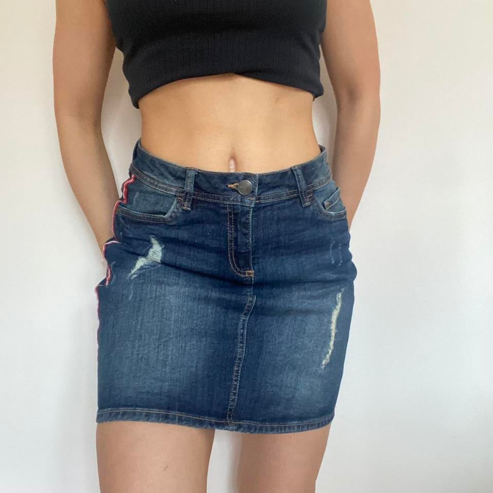 Navy blue denim distressed mini skirt with stripe detailing w31”