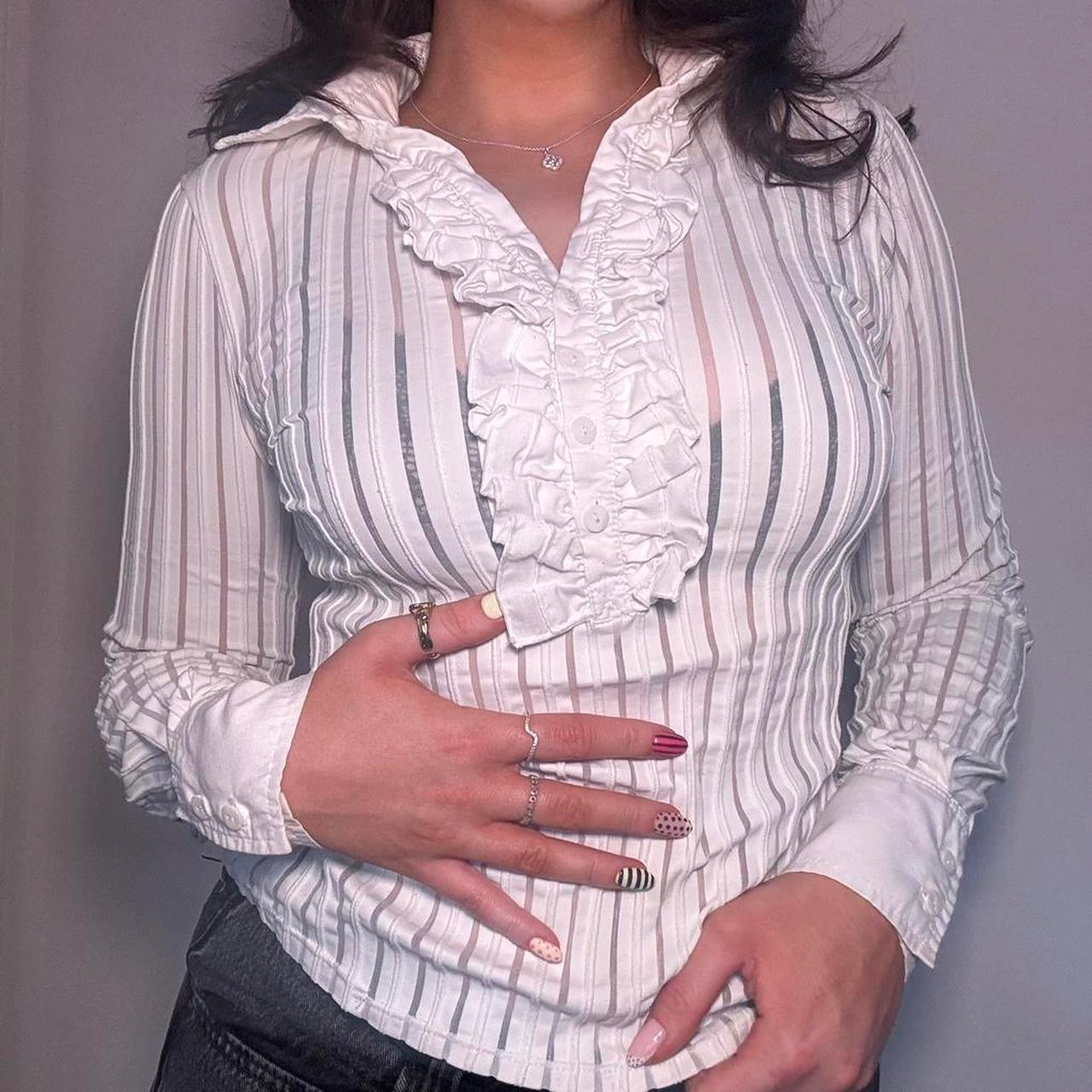 00s white semi sheer pinstripe shirt S/M
