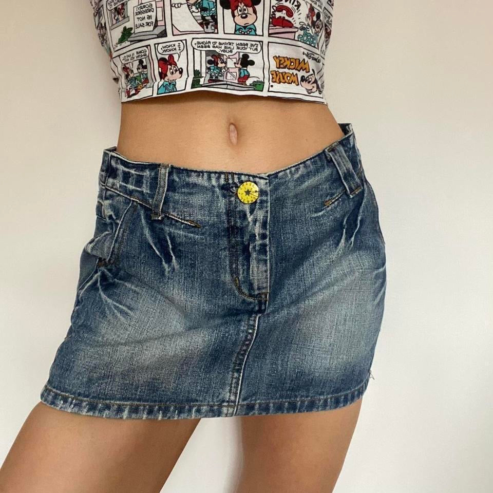 Y2k blue denim low waist mini skirt w32”