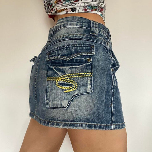 Y2k blue denim low waist mini skirt w32”