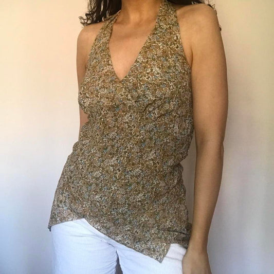 100% silk floral backless halterneck top S/M