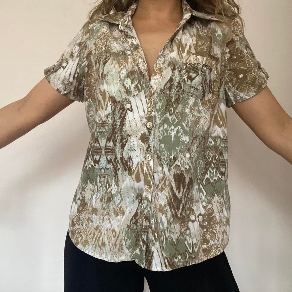 Cotton blend white & green shirt medium
