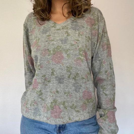 Grey floral wool jumper M/L