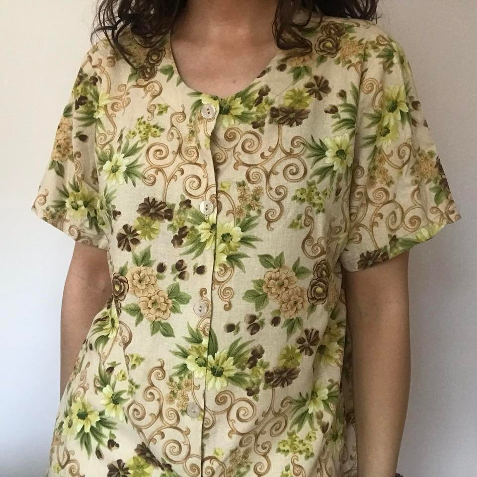 100% linen floral shirt large