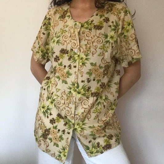100% linen floral shirt large