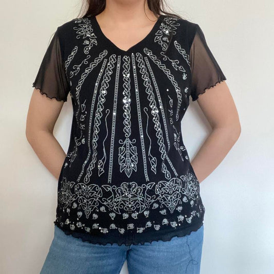 Mesh black & silver sequin top medium