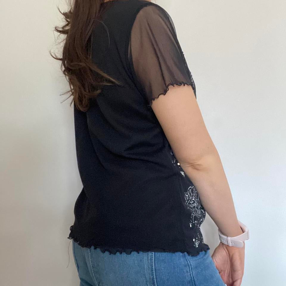 Mesh black & silver sequin top medium