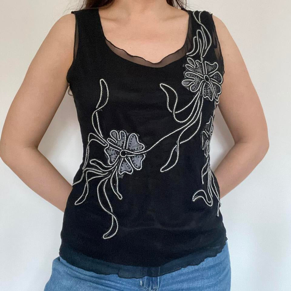 00s black mesh beaded floral cami S/M