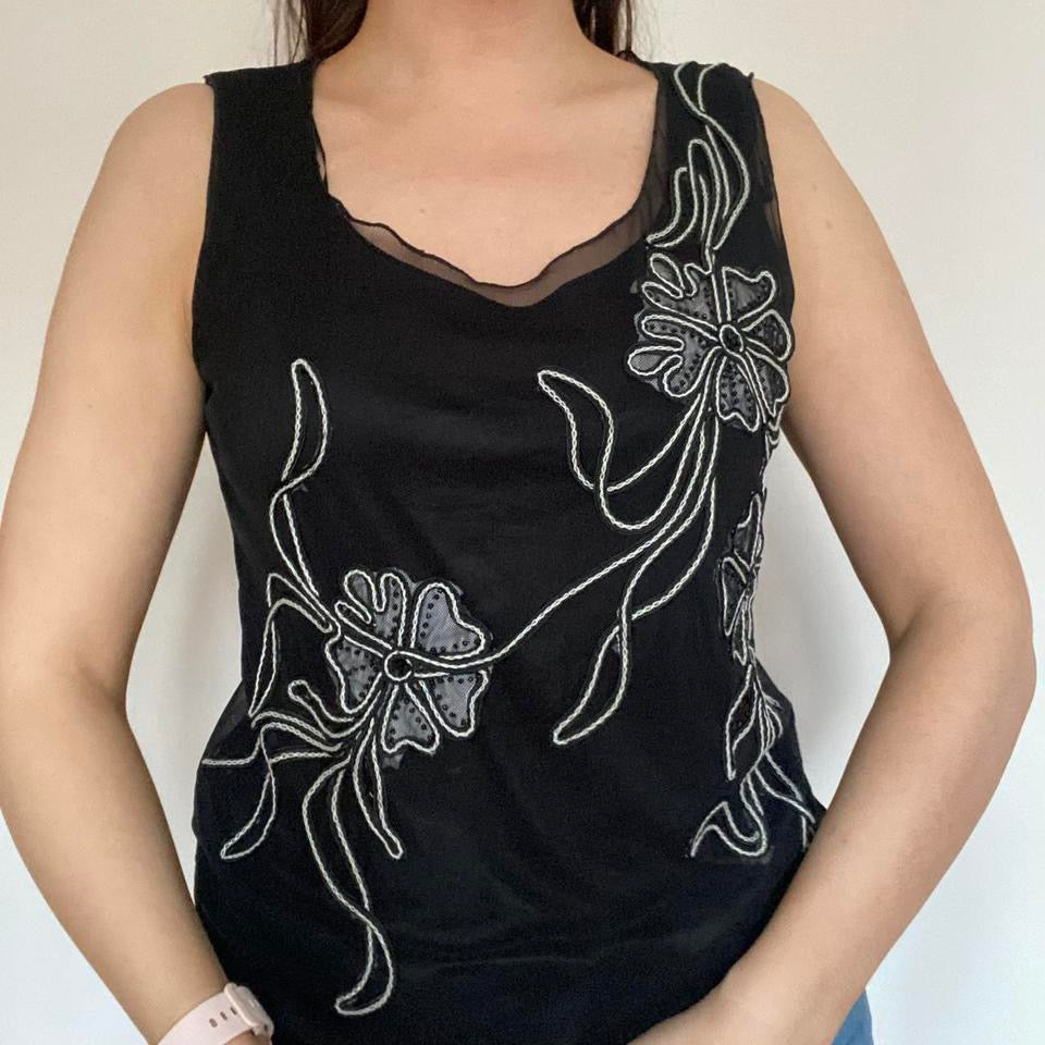 00s black mesh beaded floral cami S/M