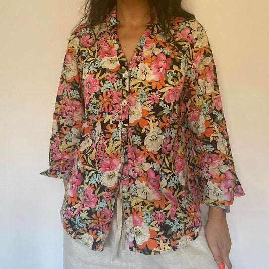 100% linen bright floral shirt medium