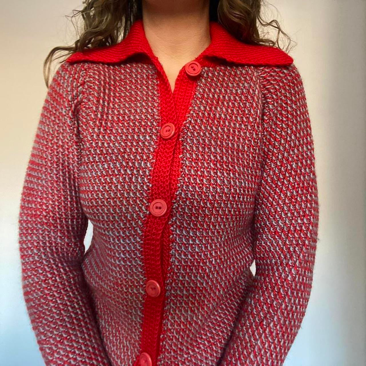 Red & green knit button up cardigan M