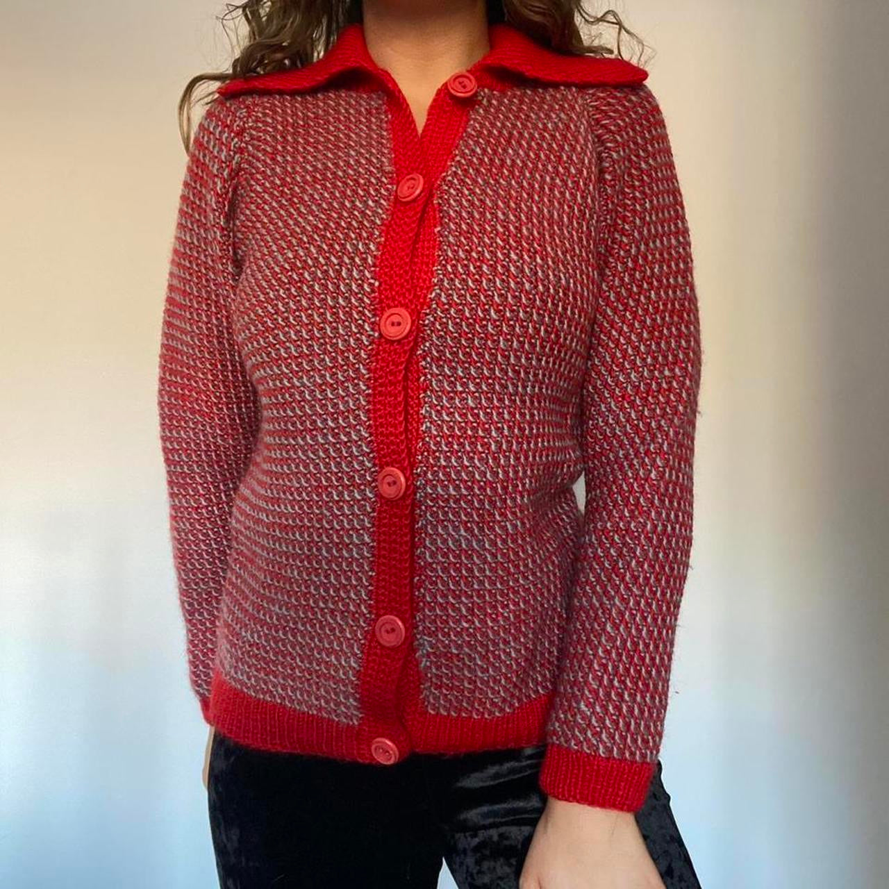 Red & green knit button up cardigan M