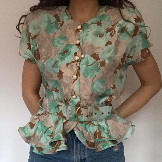 100% silk floral peplum designer 70s blouse medium