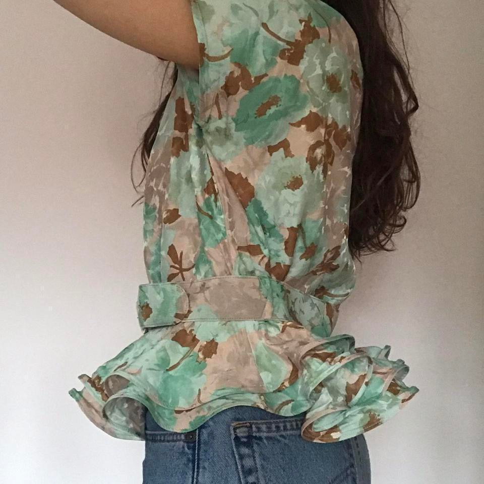 100% silk floral peplum designer 70s blouse medium