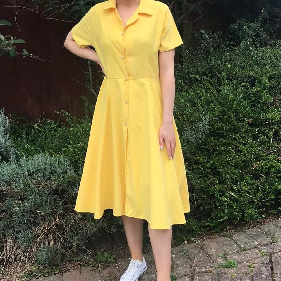 Yellow silk midi dress small