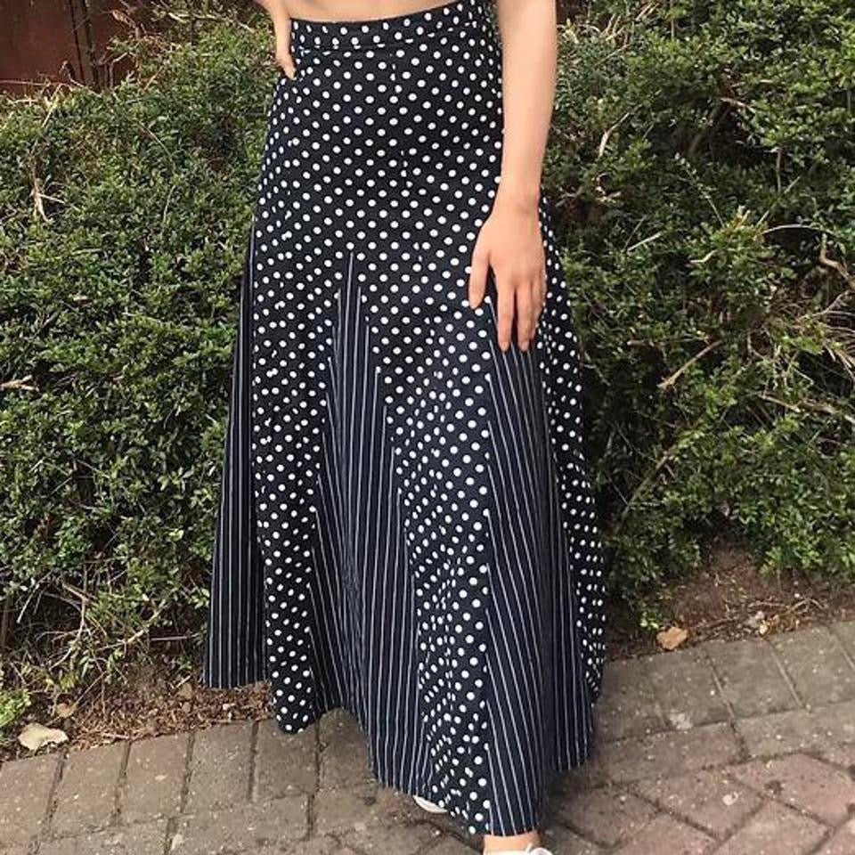 100% cotton navy polka dot maxi skirt w24”