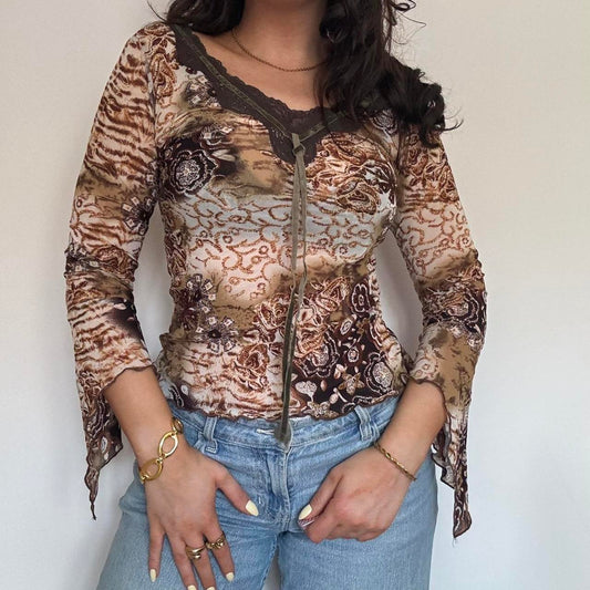 00s brown frilly top S