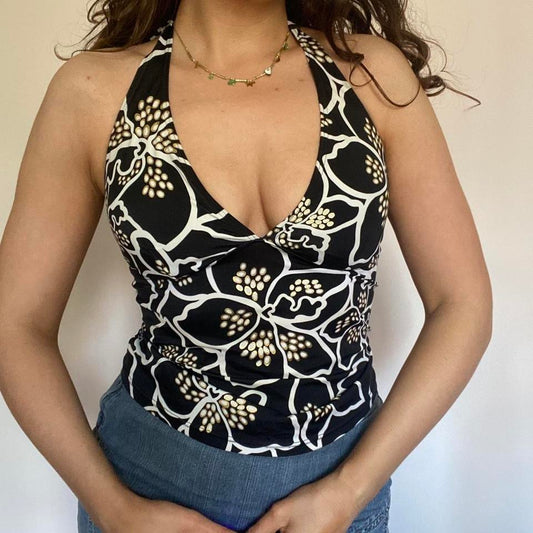 00s black & gold floral tankini top S/M