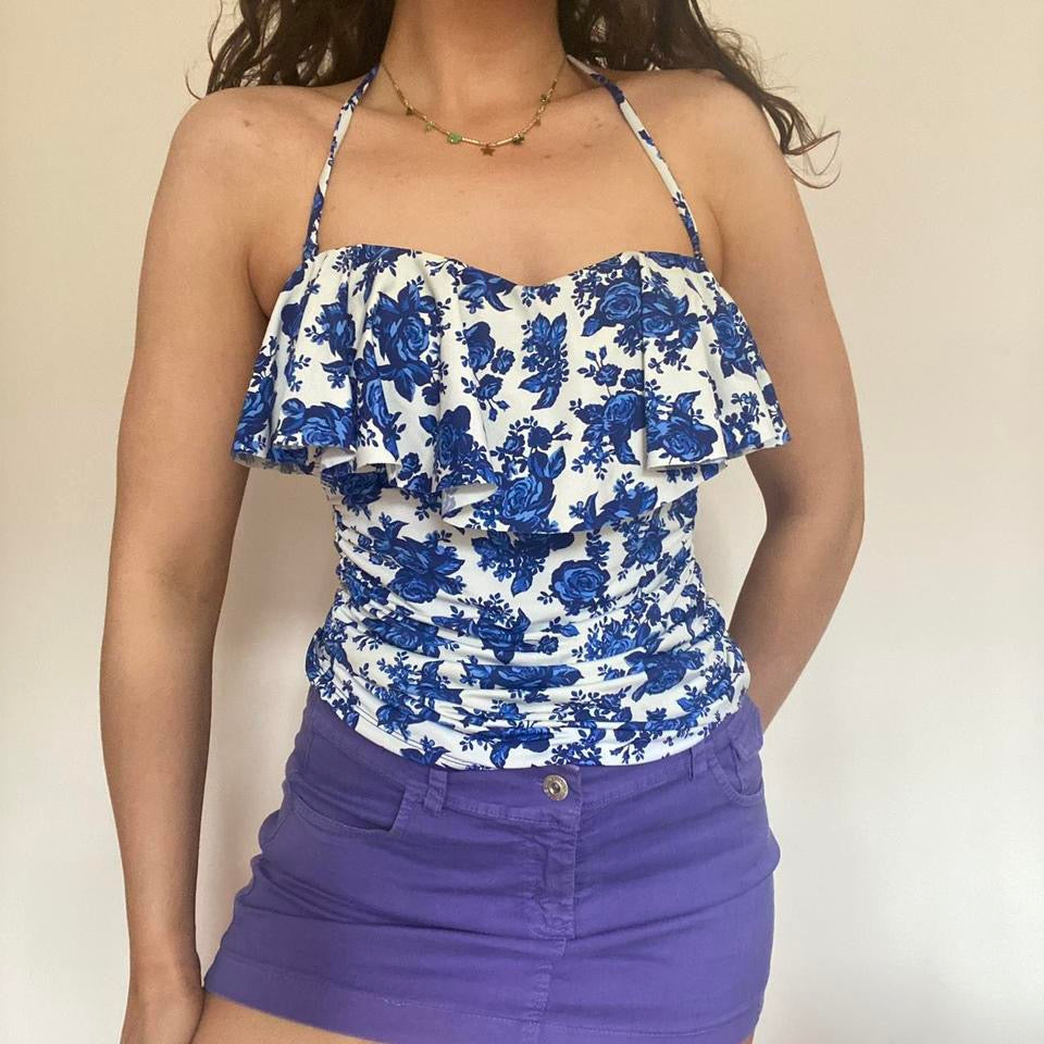 00s blue floral ruffle tankini top medium