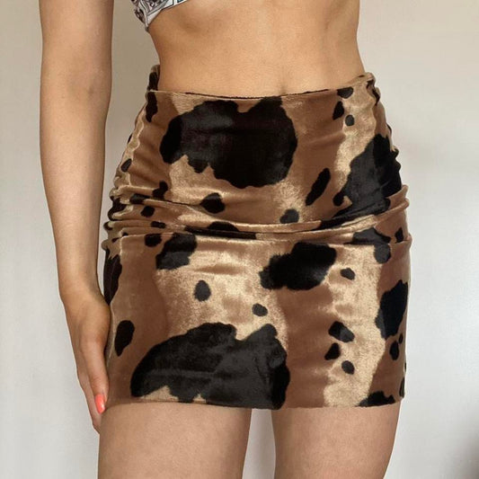 00s cow print brown mini skirt 30”