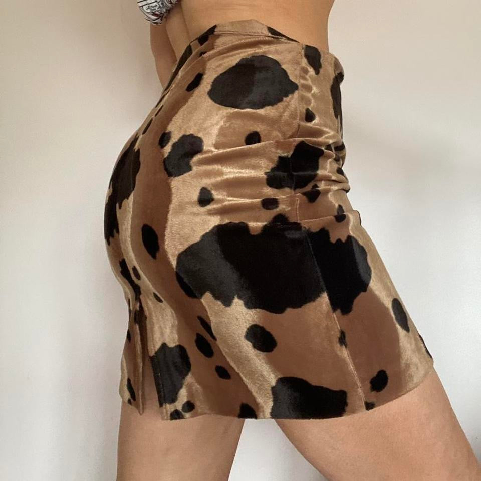 00s cow print brown mini skirt 30”