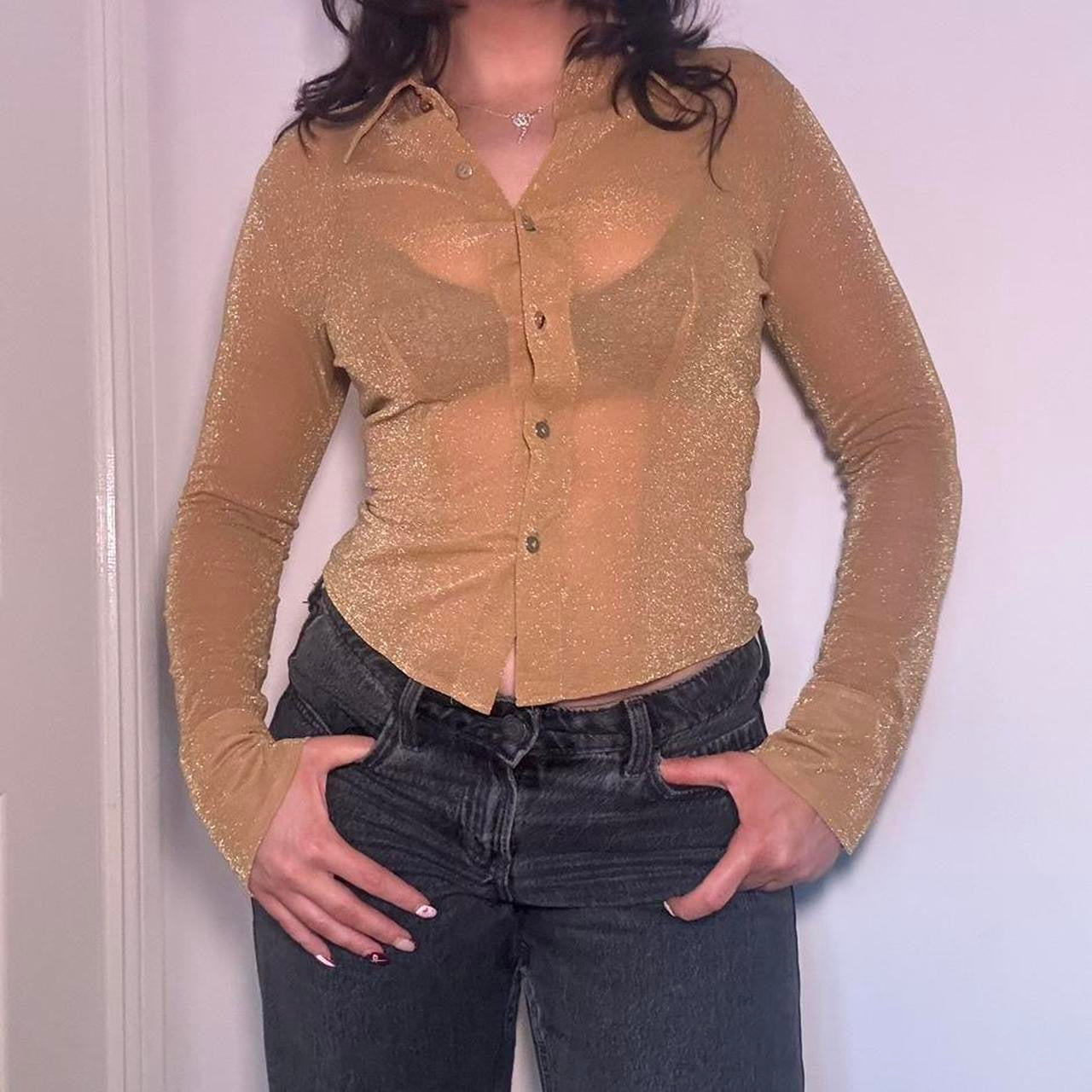 00s gold glittery sheer shirt XS/S
