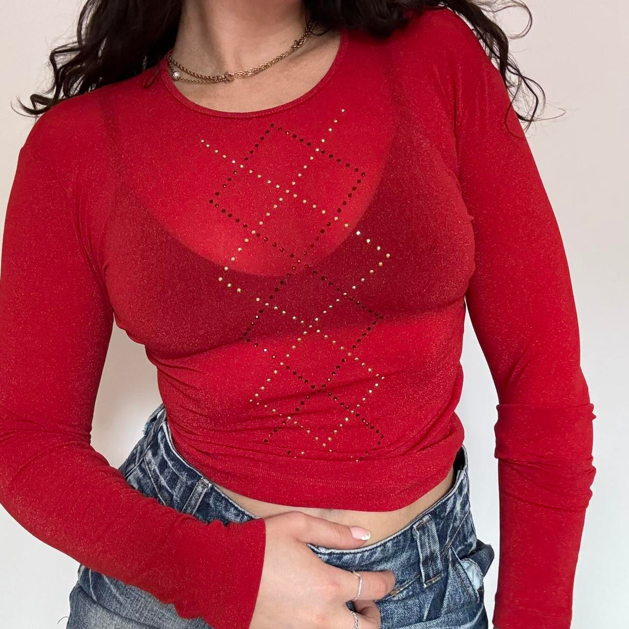 00s red glitter mesh top XS/S