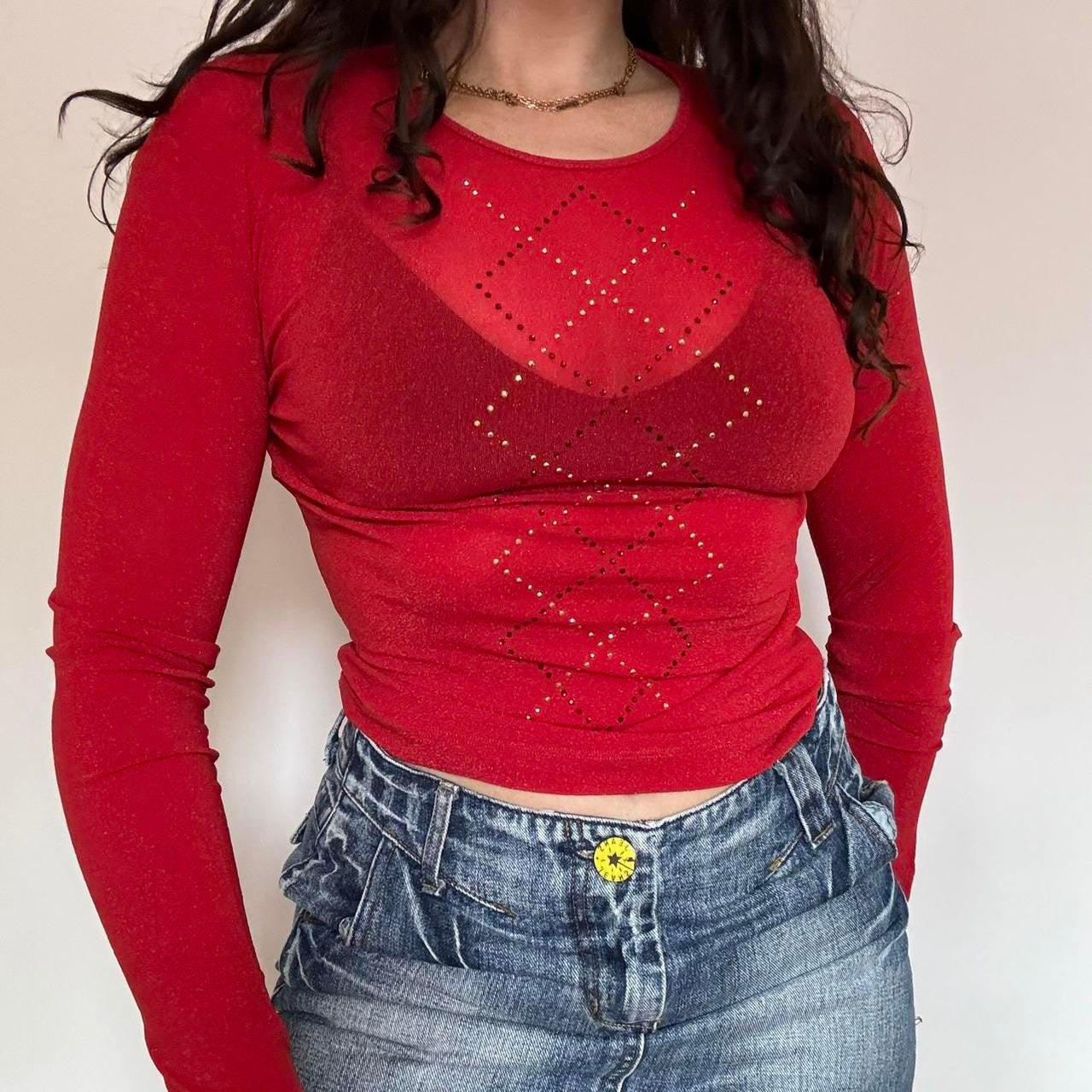 00s red glitter mesh top XS/S